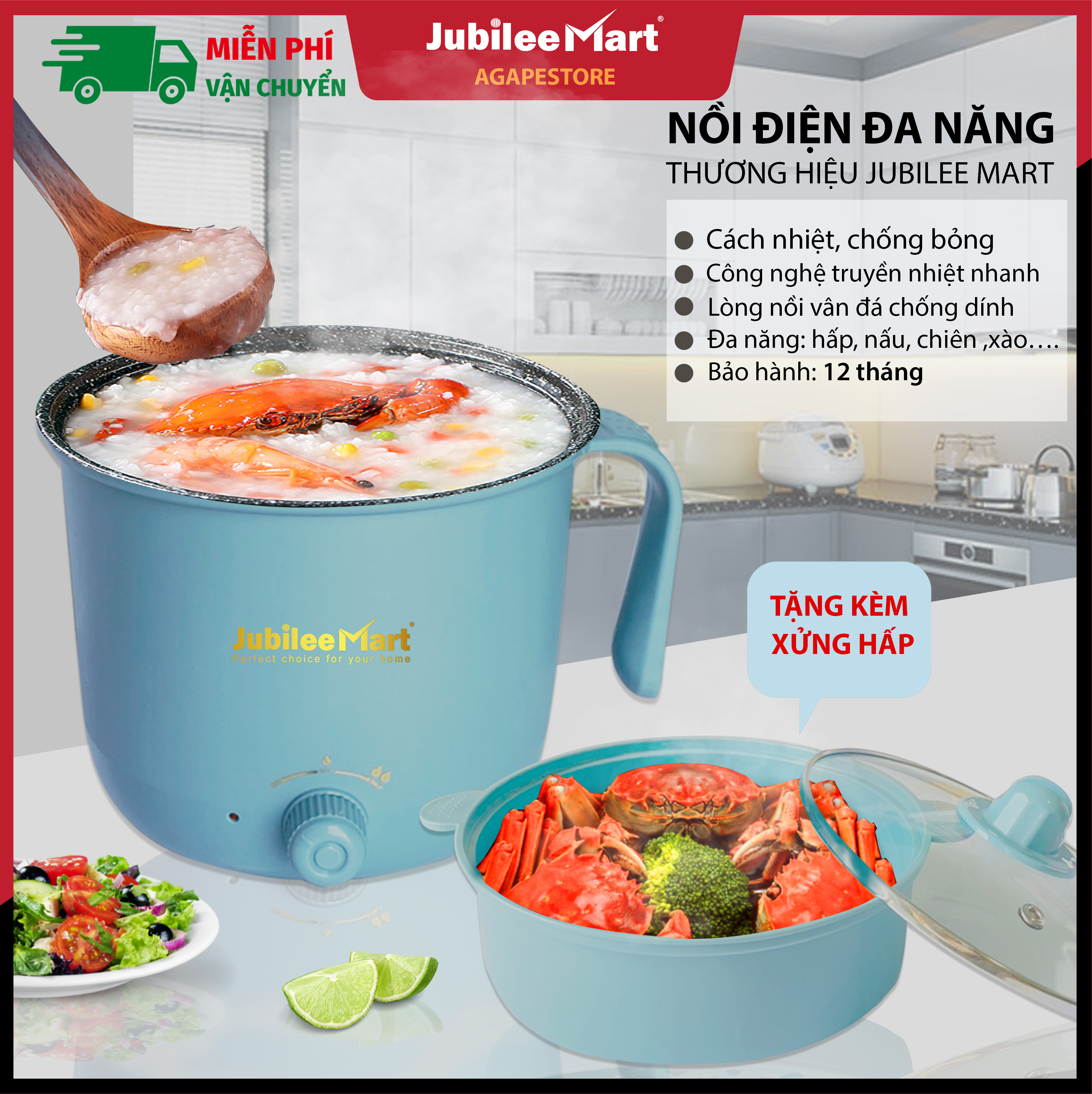 HÀNG CAO CẤP - THƯƠNG HIỆU JUBILEE Nồi lẩu đa năng kèm xửng hấp Nồi Lẩu điện Mini lòng nồi vân đá 18L