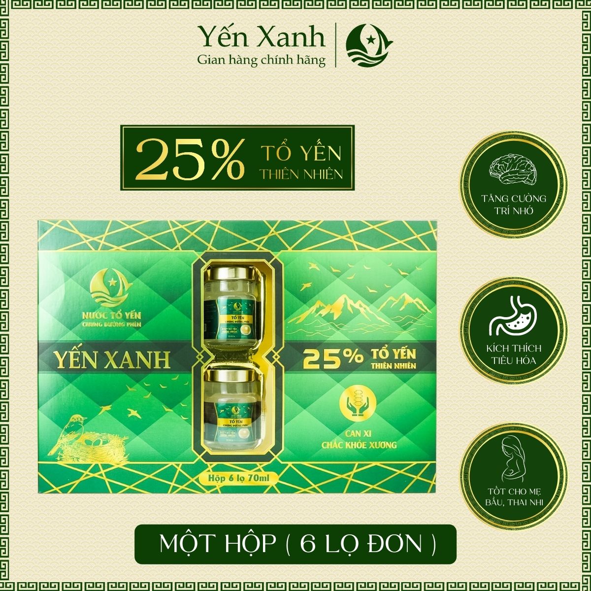 Yến sào chưng đường phèn cao cấp 25% tổ yến - Yến Xanh - Hộp 6 lọ x 70ml kèm túi xách