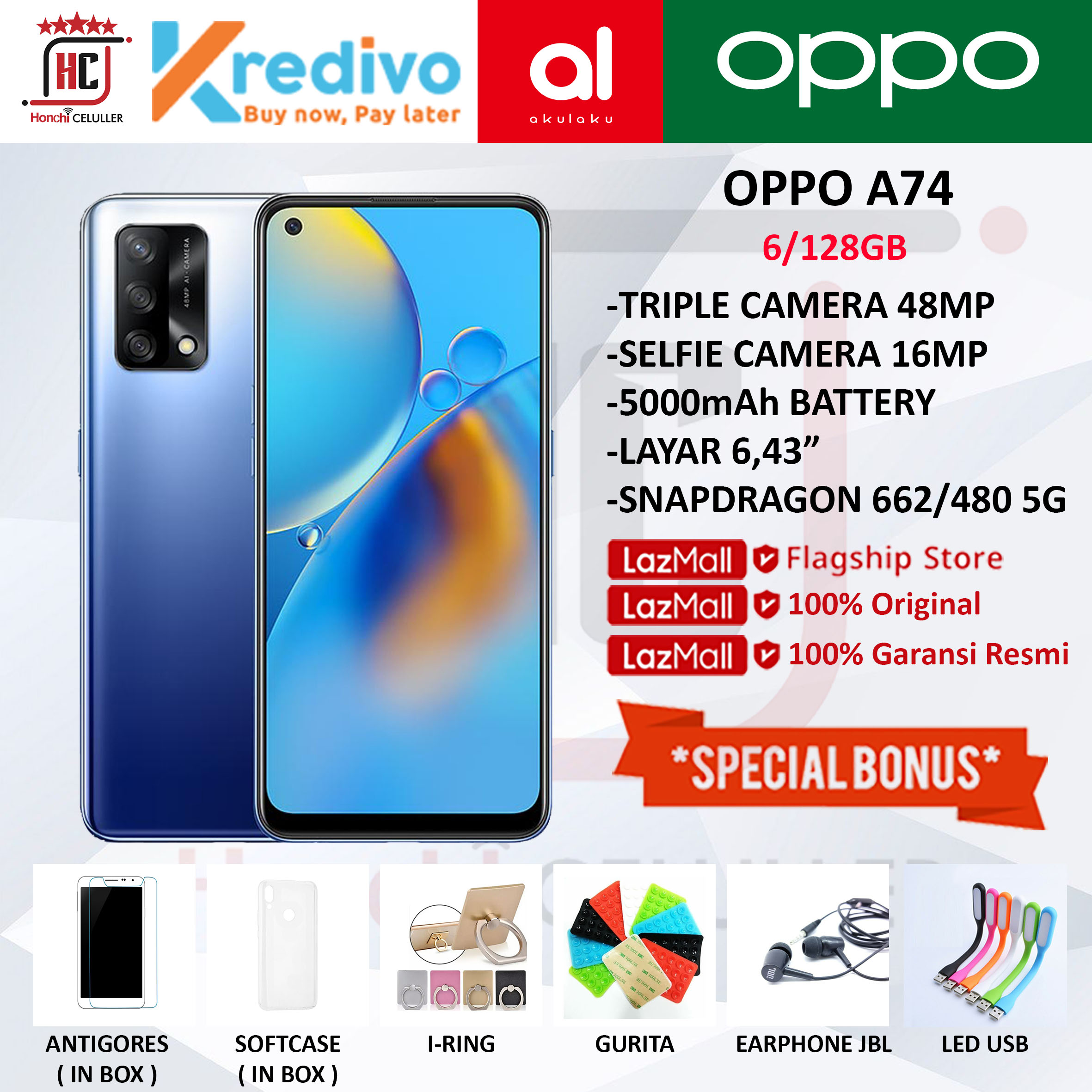 OPPO A74 5G RAM 6GB ROM 128GB GARANSI RESMI OPPO INDONESIA Harga 3,099,000 rupiah*Gratis Ongkir