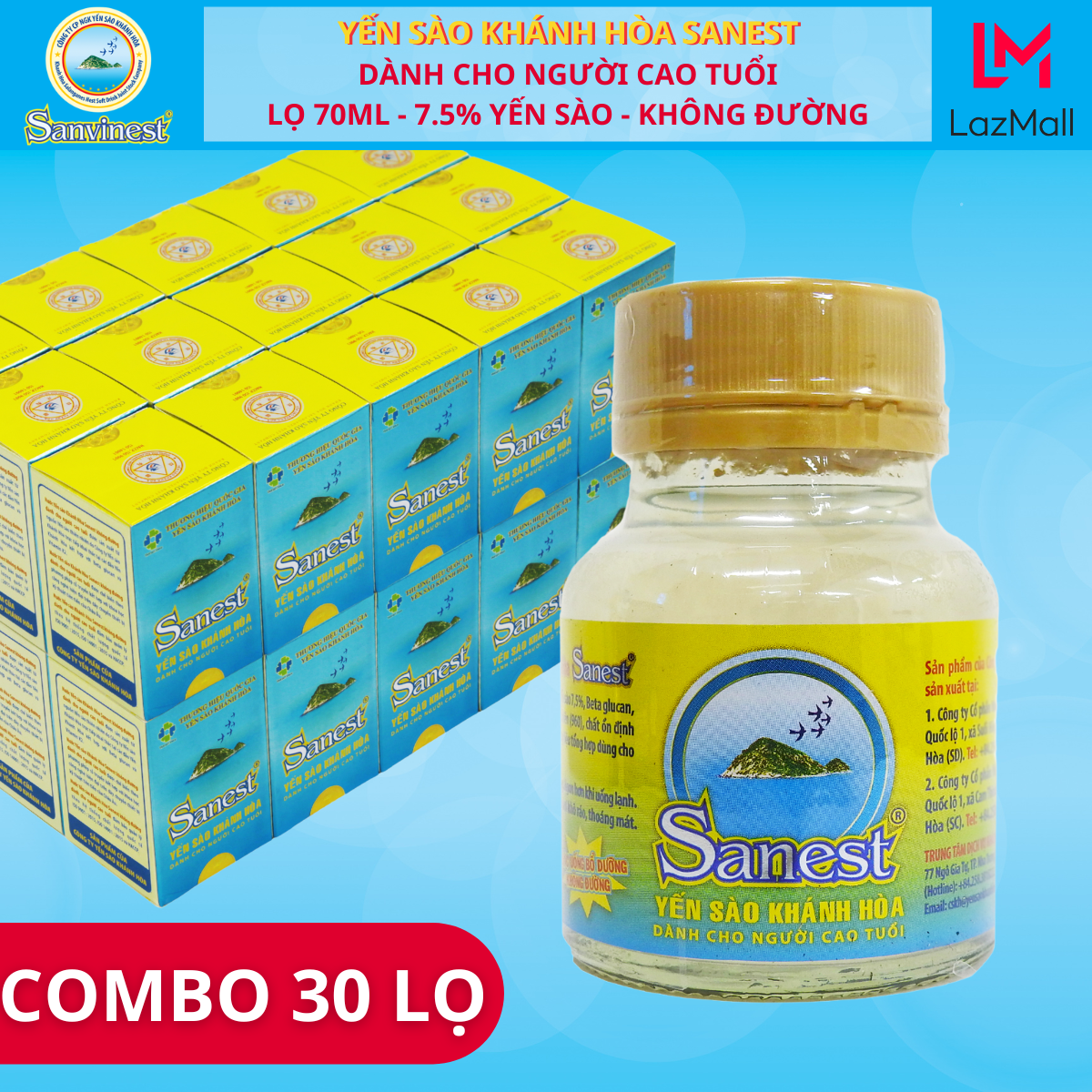 [Combo 30 lọ] Nước yến sào Khánh Hòa Sanest không đường dành cho người cao tuổi 70 ml - 096