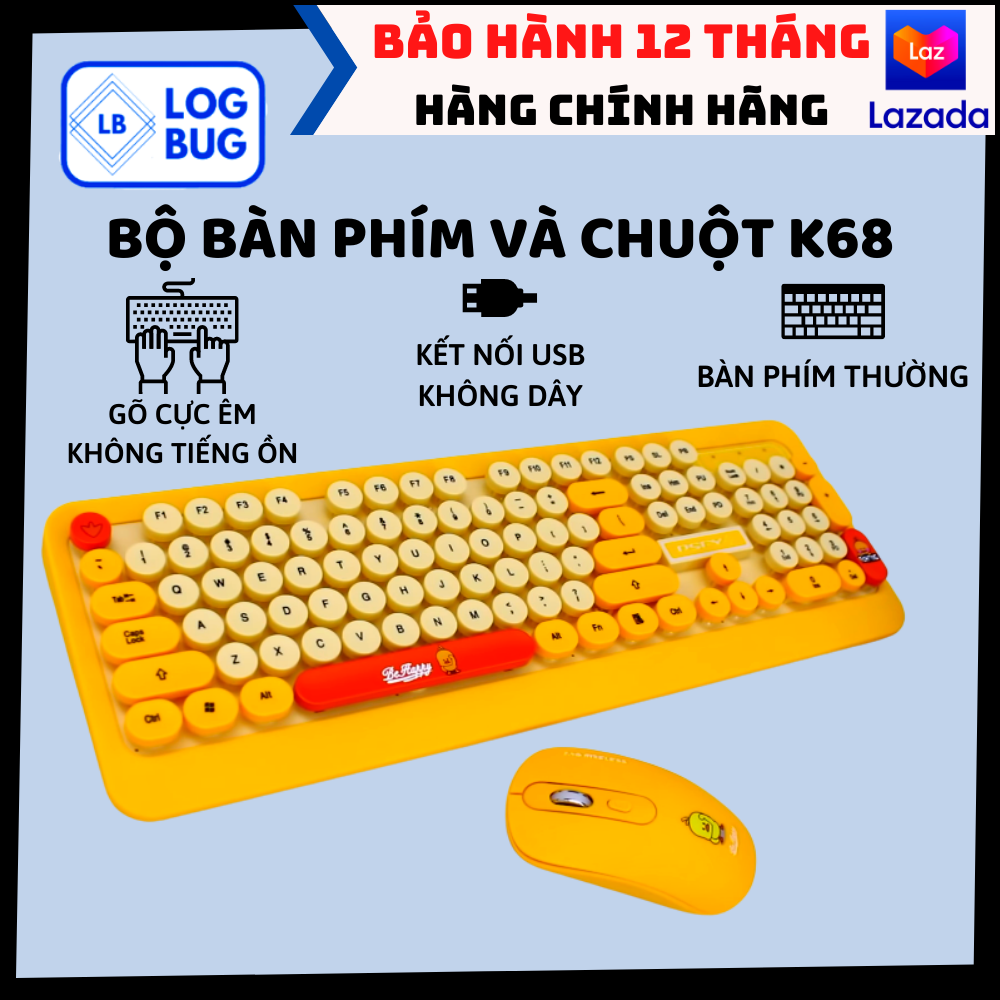 Bộ bàn phím và chuột không dây SIÊU XINH màu vàng cao cấp LogBug, tương thích với máy tính, PC, laptop, thích hợp dùng làm việc văn phòng