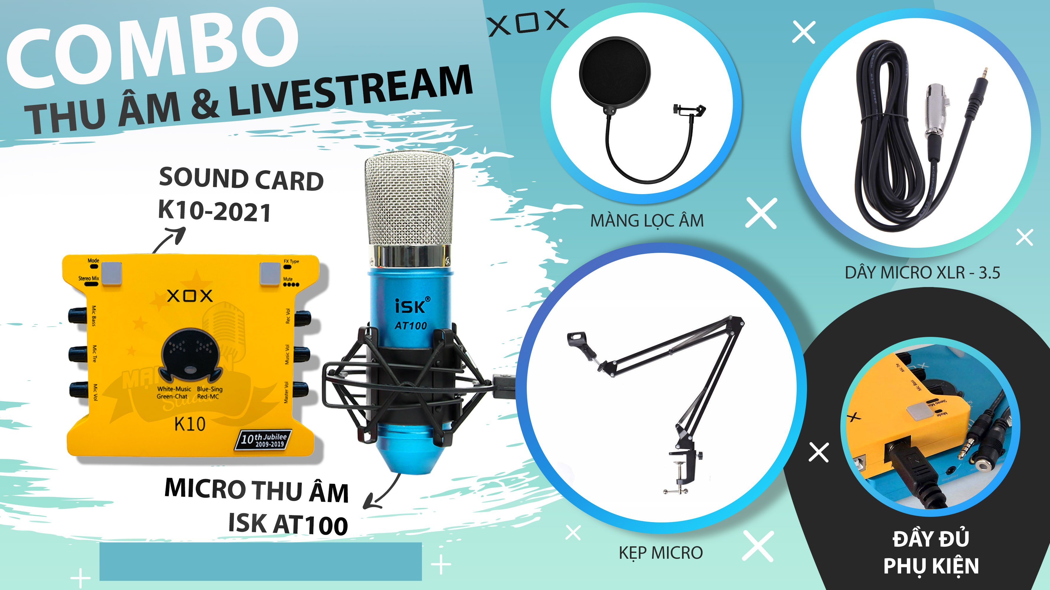 [Nhập RS0822 giảm 30k cho đơn 99k]Bộ Combo livestream thu âm karaoke AT100 +Sound card XOX K10 - Kèm phụ kiện kẹp micro màng lọc tai nghe dây live ma1 bảo hành 12 tháng