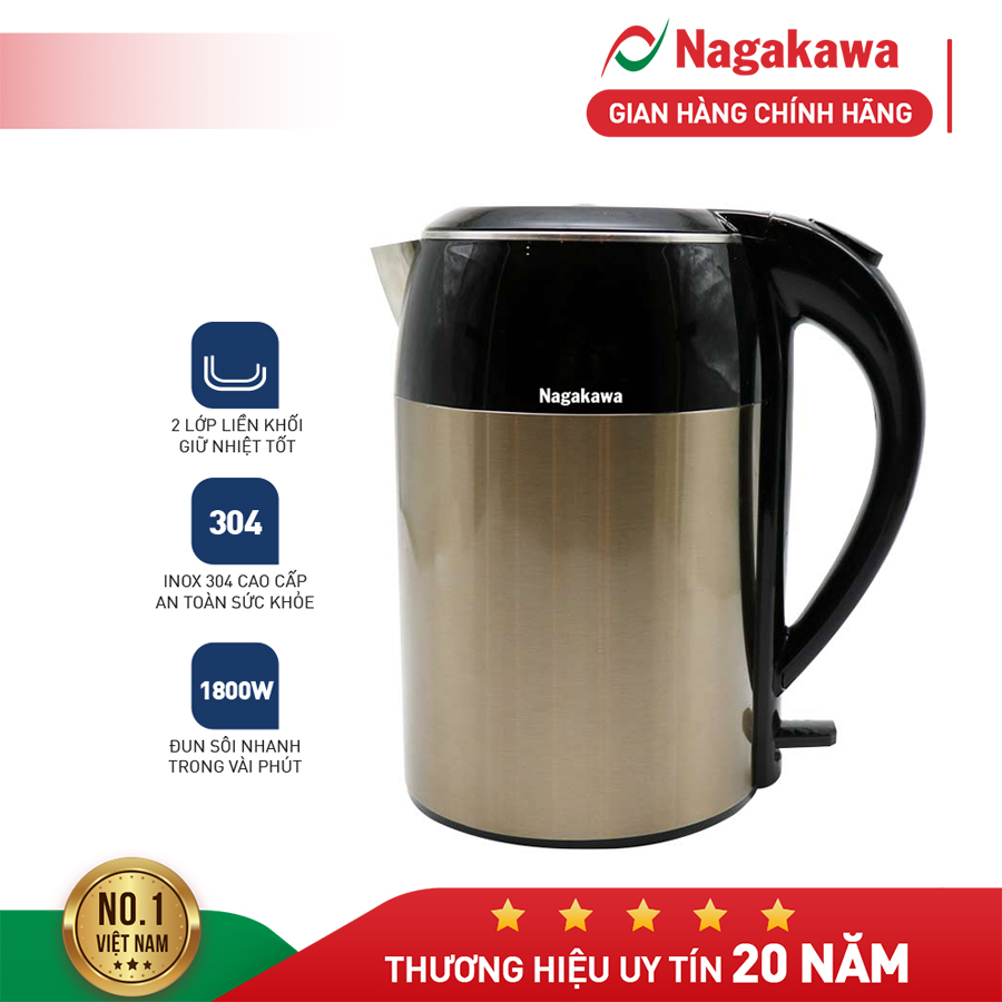 Ấm siêu tốc Nagakawa NAG0315 (Đen/Đỏ/Đồng) / NAG0314 (trắng) dung tích 1.8L ruột ấm inox 304 công su