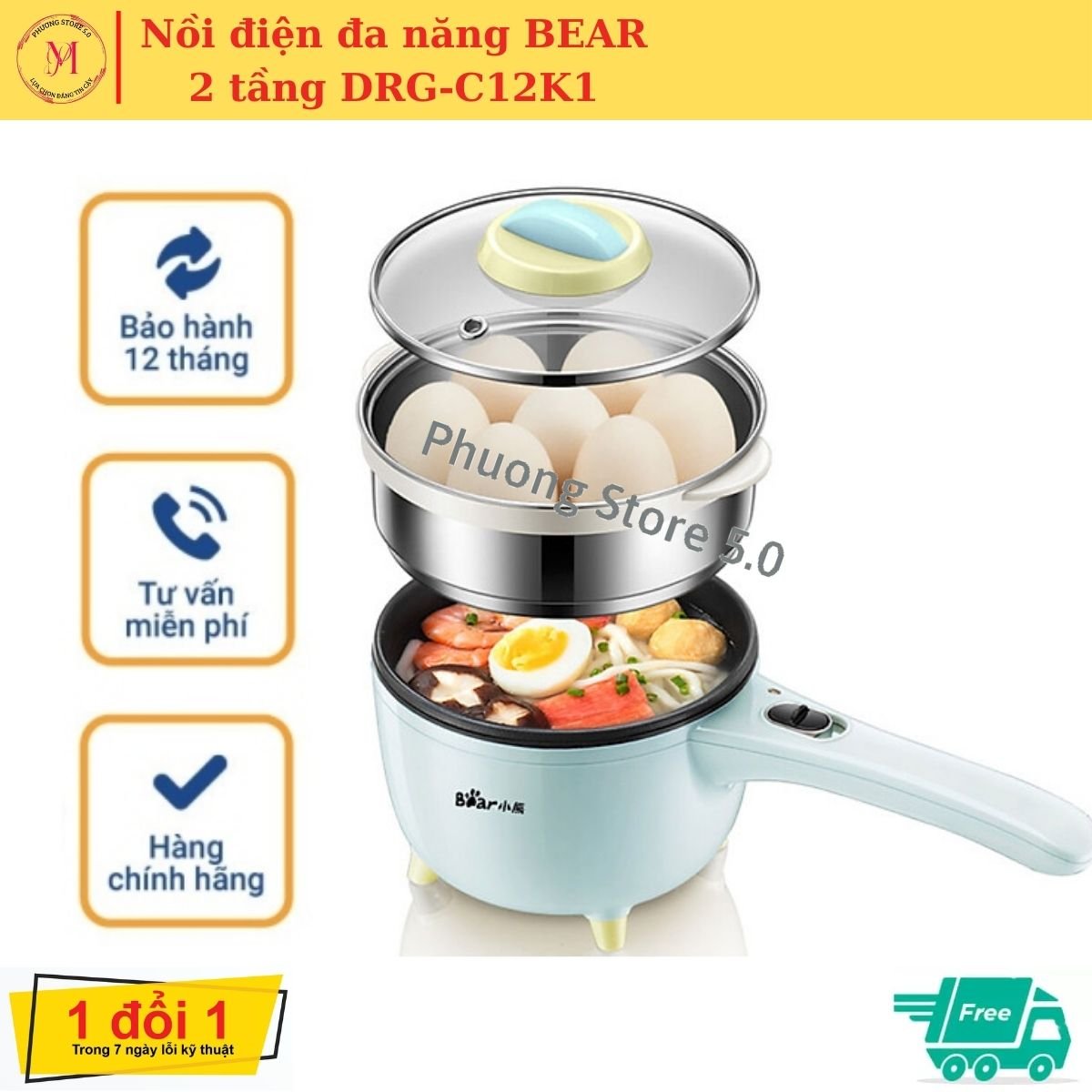 Nồi lẩu mini 2 tầng đa năng có tay cầm bear drg-c12k1, nồi nấu mì công suất 600w