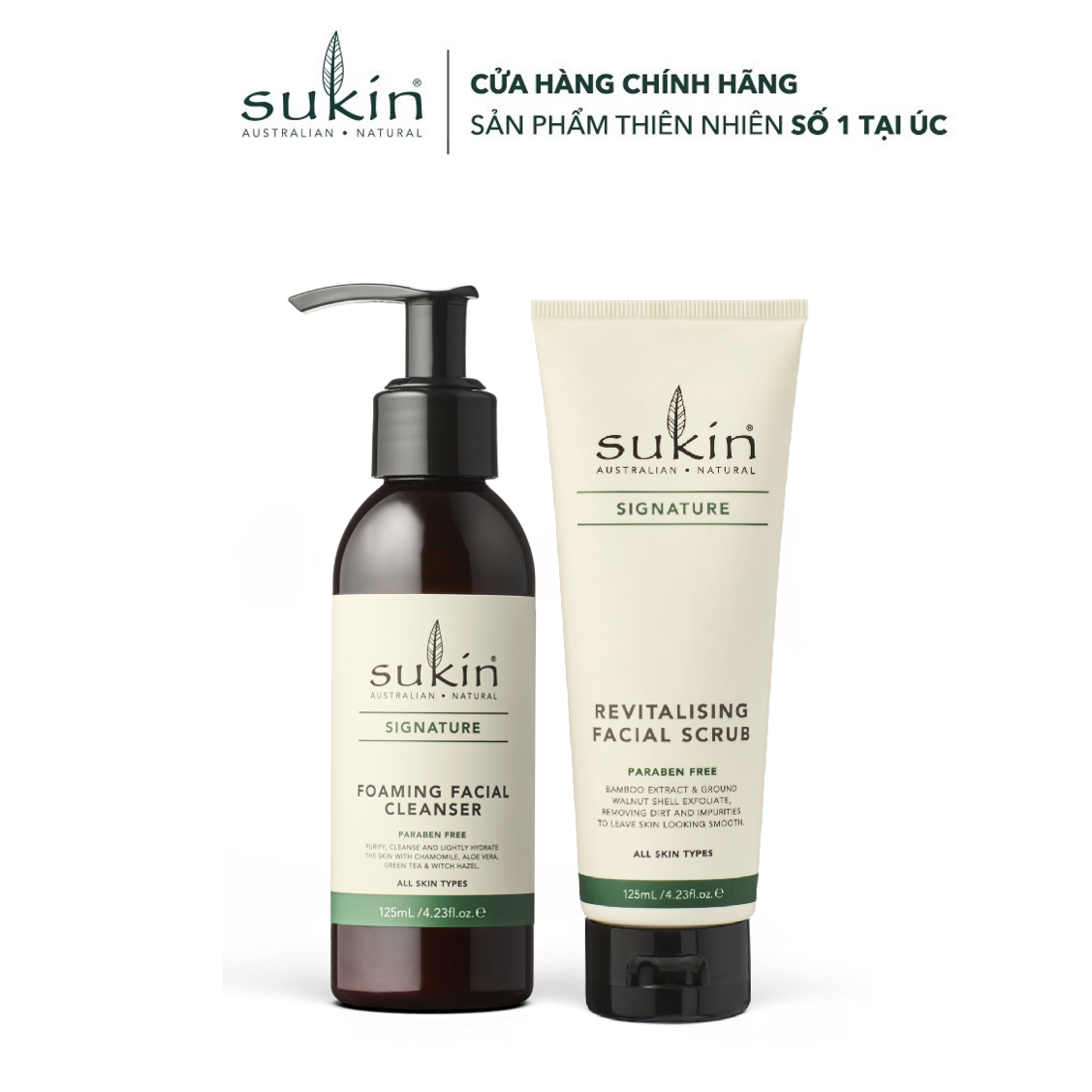 Bộ sản phẩm làm sạch da & loại bỏ tế bào chết Sukin Signature Sữa Rửa Mặt Tạo Bọt Foaming Facial Cleanser 125ml + Kem Tẩy Tế Bào Chết Revitalising Facial Scrub 125ml