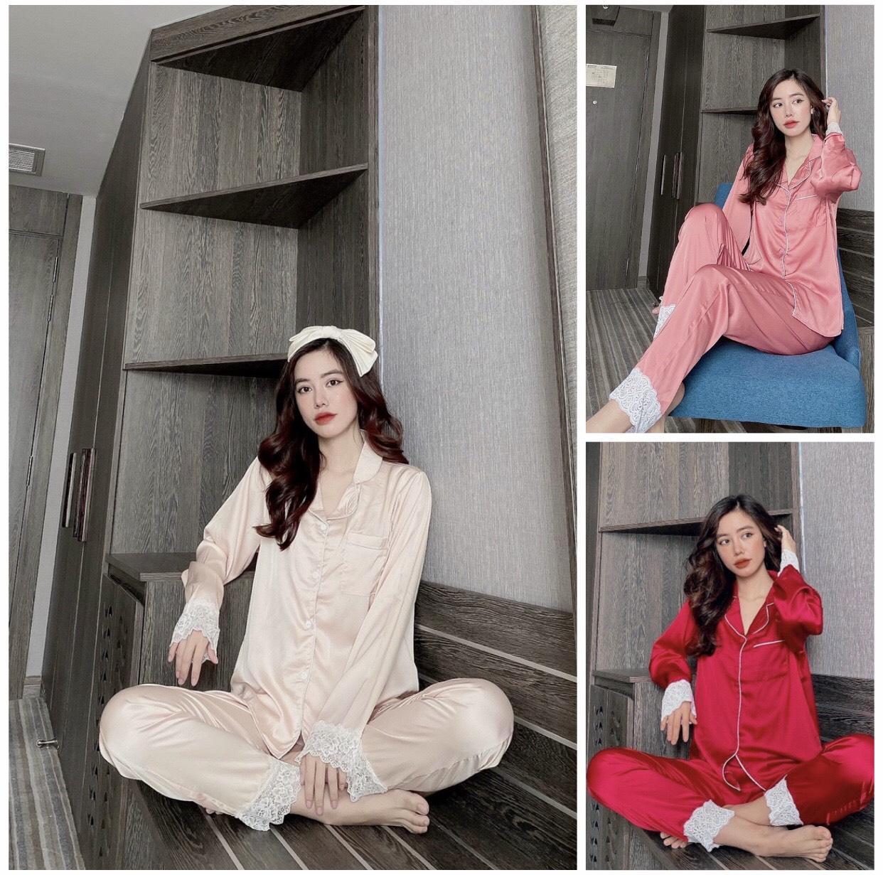 Bộ Pijama phối ren tay dài Satin 😍Set lụa mặc nhà siêu sang chảnh chất mềm mịn siêu mát😍
