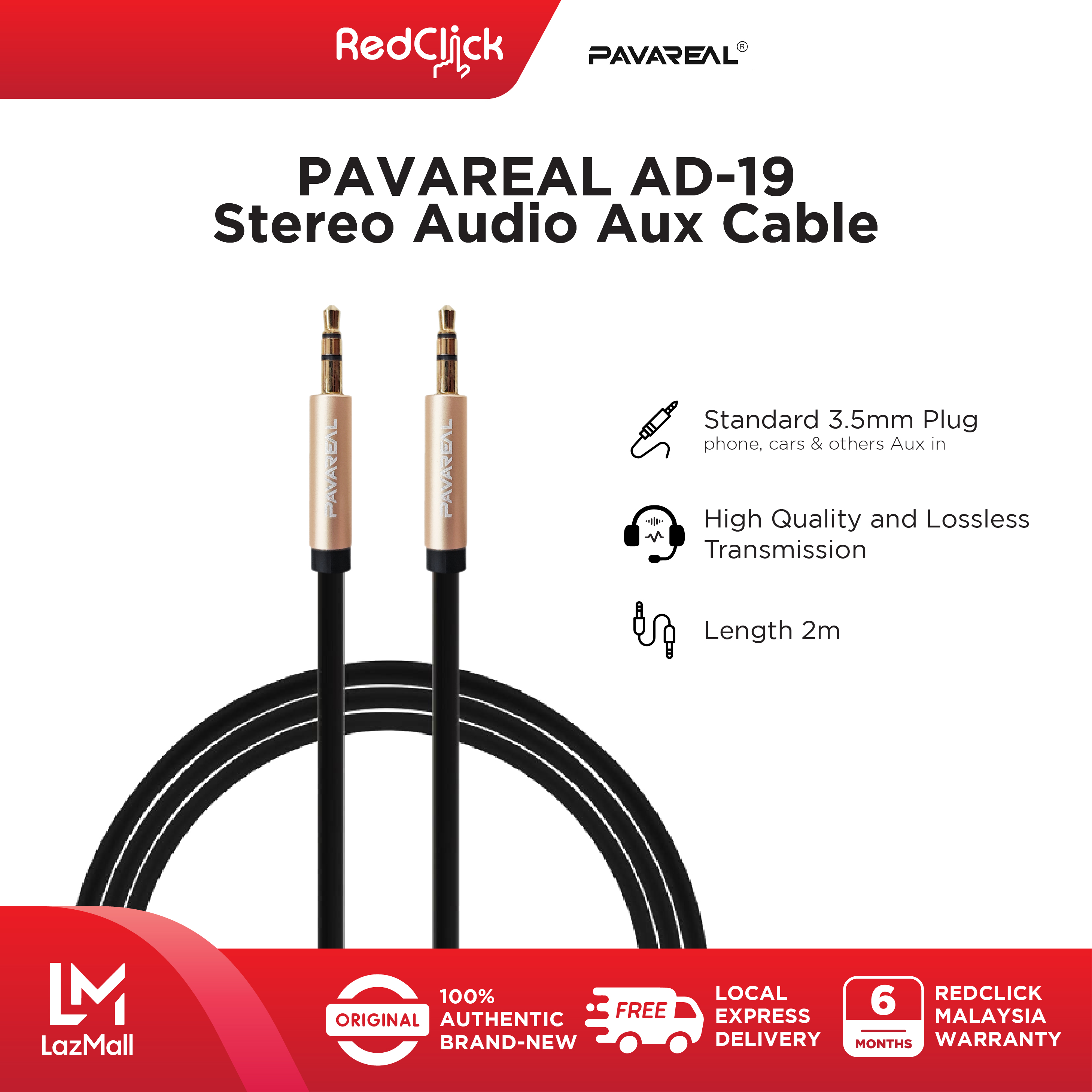 Pavareal AD-19 Male to Male Stereo AUX Audio Cable Standard 3.5mm Plug 200cm High Quality Transmission Wide Compatibility