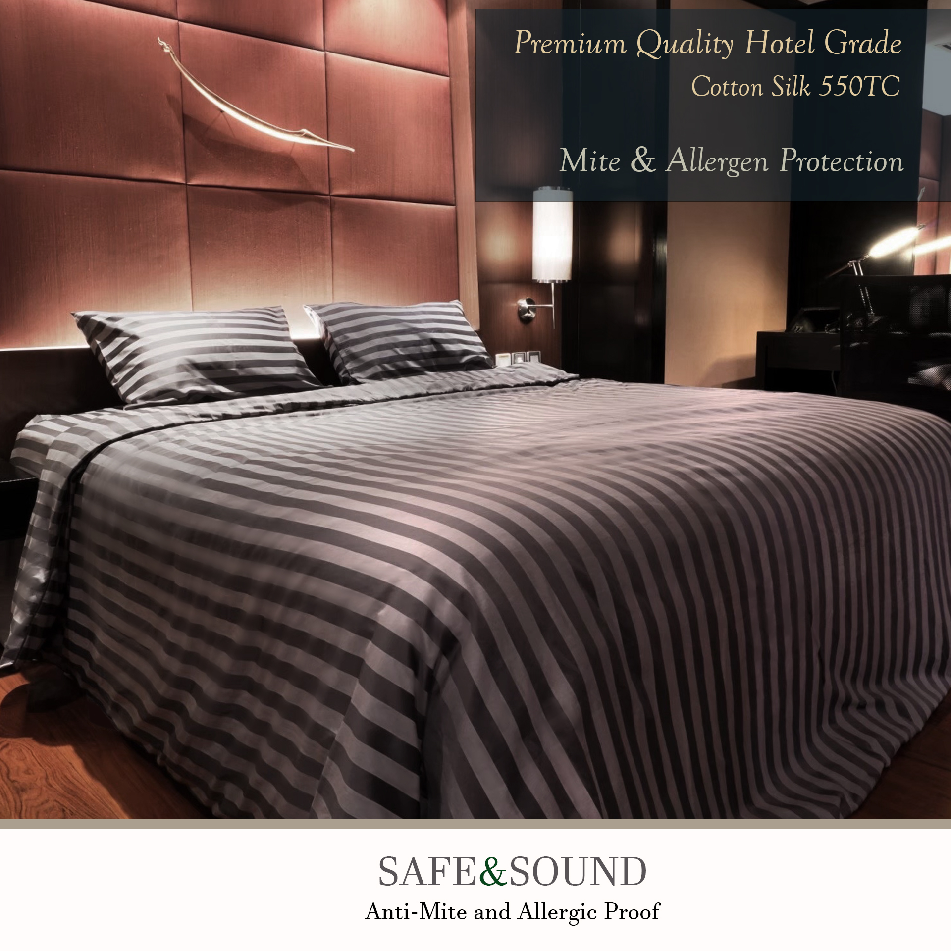 ผ้าปูที่นอน 6 ฟุต 550เส้นด้ายทอแน่นมาตรฐานกันไรฝุ่น SAFE&SOUND ลายริ้ว ราคา 1,299 บาท*ส่งฟรี