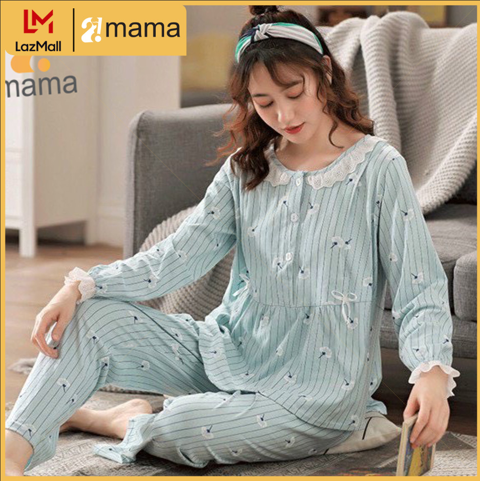 Bộ đồ bầu mặc nhà sau sinh 2mama dài tay, sọc kẻ chất cotton, có khoá ngực cho bé ti, quần có chun chỉnh bụng V019