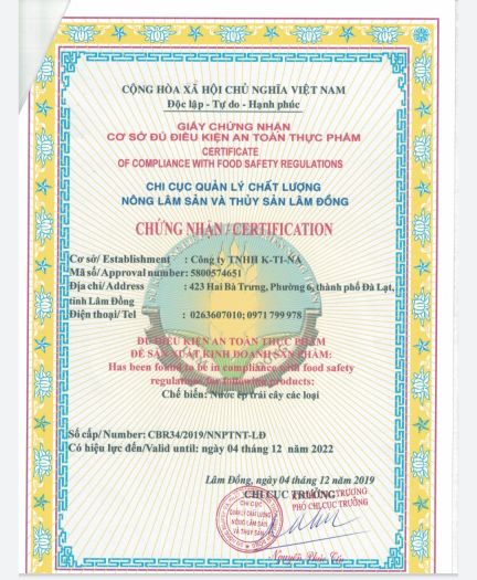 Nước Ép Tắc (Quất) Nguyên Chất Cam Tiên Đà Lạt 500ML