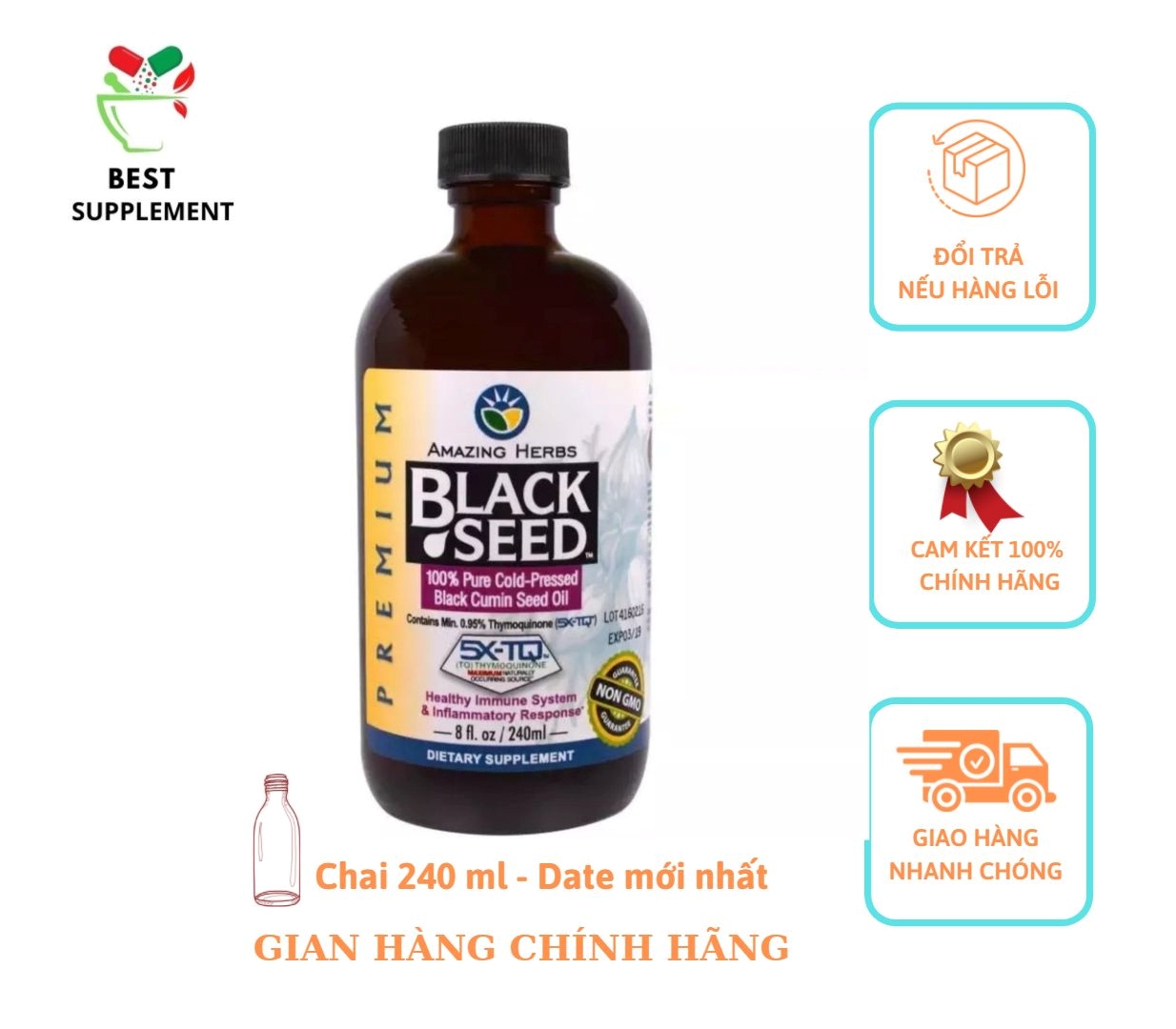 Hỗ trợ bệnh vảy nến] Dầu hạt thì là đen Amazing Herbs Black Seed 100% Pure Cold-Pressed Black Cumin Seed Oil 8 fl oz