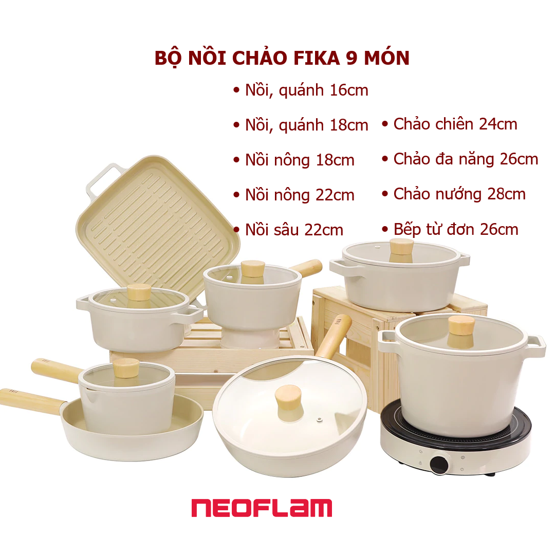 [Chính hãng Neoflam] Bộ 9 món nồi chảo chống dính bếp từ Fika Neoflam - Hàn Quốc. Hàng có sẵn giao n