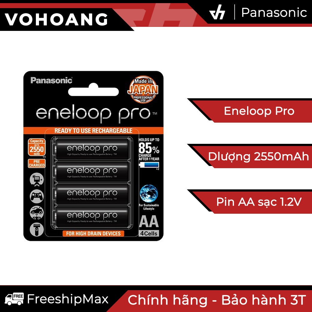 Bộ 4 pin sạc AA Panasonic Eneloop PRO 2550mAh JAPAN (Đen)