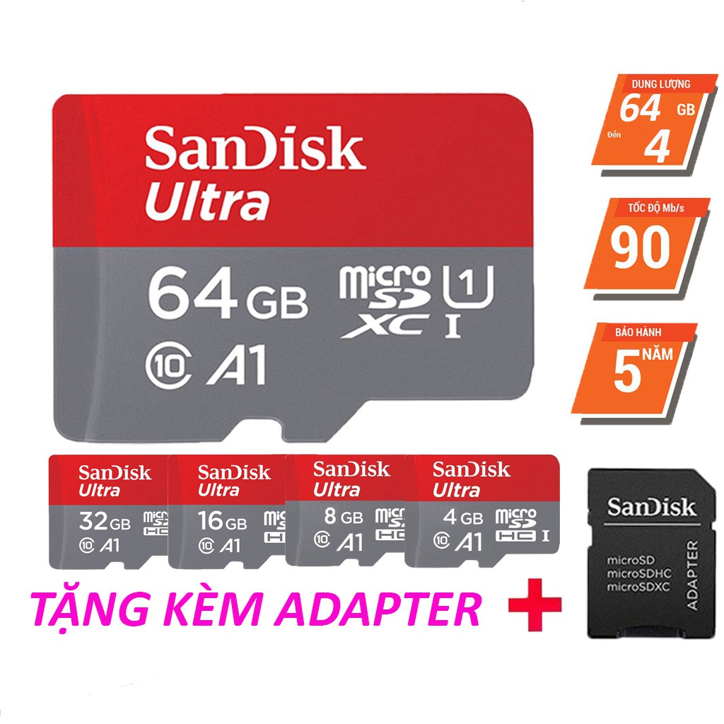 Thẻ nhớ sandisk 64gb /32gb/16gb/8gb dùng điện thoại, máy ảnh - thẻ nhớ tốc độ cao class 10 ultra 667x 100mb/s -bảo hành 5 năm