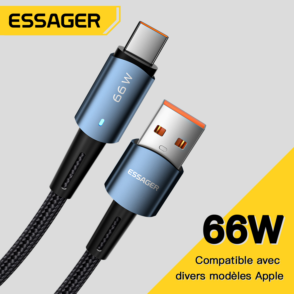 Essager Cáp USB C Hợp Kim Nhôm LED 6a 66W Cho Samsung Xiaomi Oppo Huawei Mate 40 Pro Sạc Nhanh Cáp D