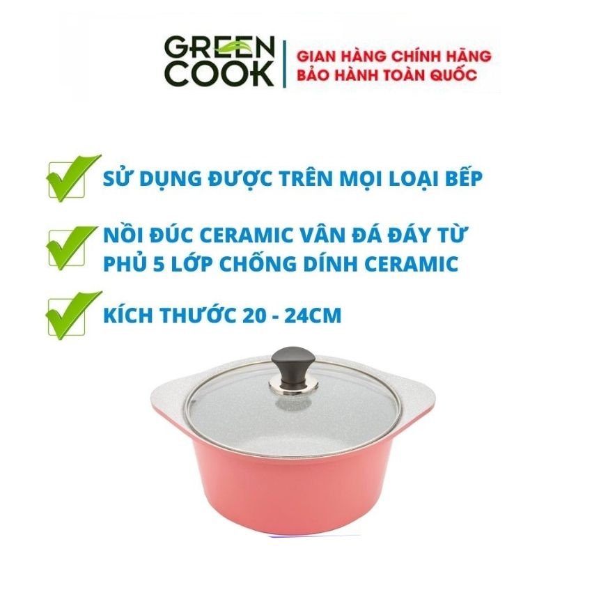 Nồi đúc ceramic vân đá chống dính bếp từ Green Cook 18CM 20CM 24CM Hàng chính hãng