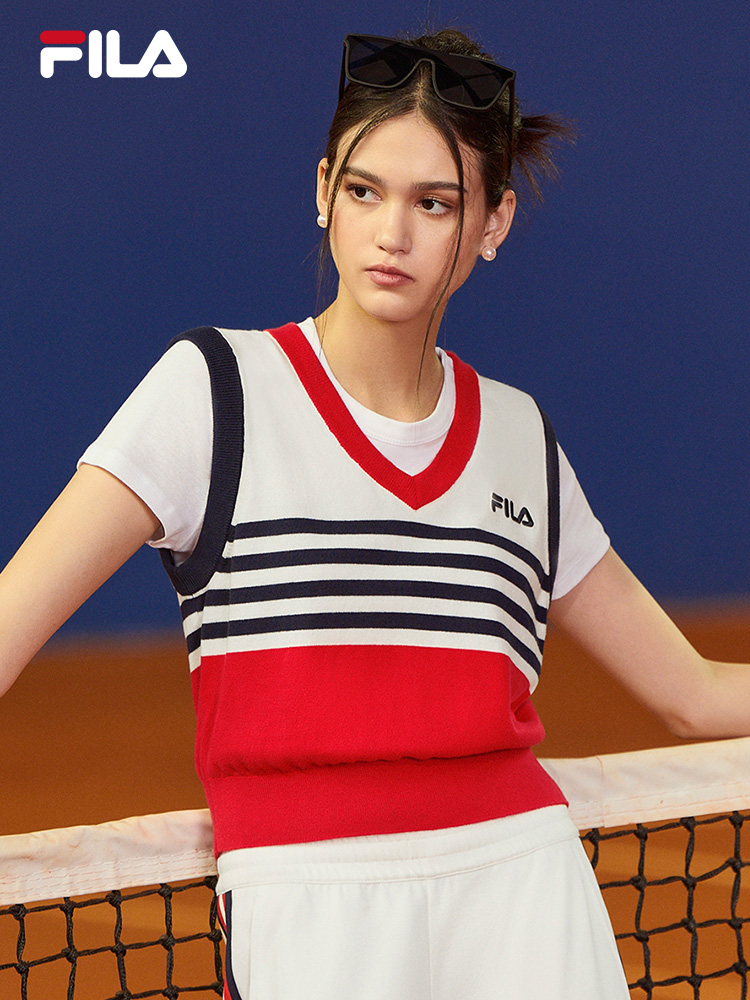 [NEW COLOR!] FILA CORE LIFESTYLE ORIGINALE FRENCH TENNIS CLUB Women Short Sleeve T-shirt + Sleeveless Knit Vest Set (Red / Blue)