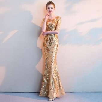 Váy Dạ Hội Màu Vàng Kim ĐẦM DỰ TIỆC Mới 2022 Cho Nữ Chủ Nhà Hội Nghị Thường Niên Đuôi Cá Dài Quý Phái Và Thanh Lịch Có lót váy sequin chất lượng cao