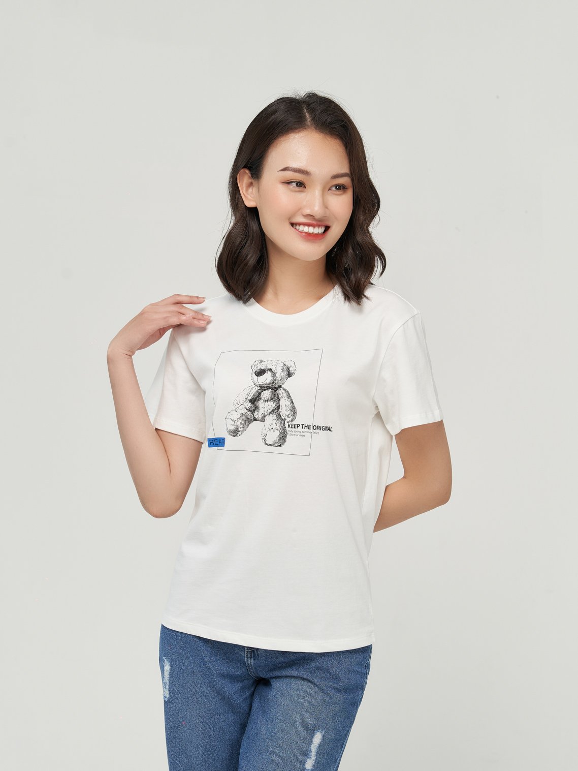 Áo Thun Nữ YODY Suông Cotton Compact In Gấu Mềm Mịn Thấm Hút Mồ Hôi TSN5228