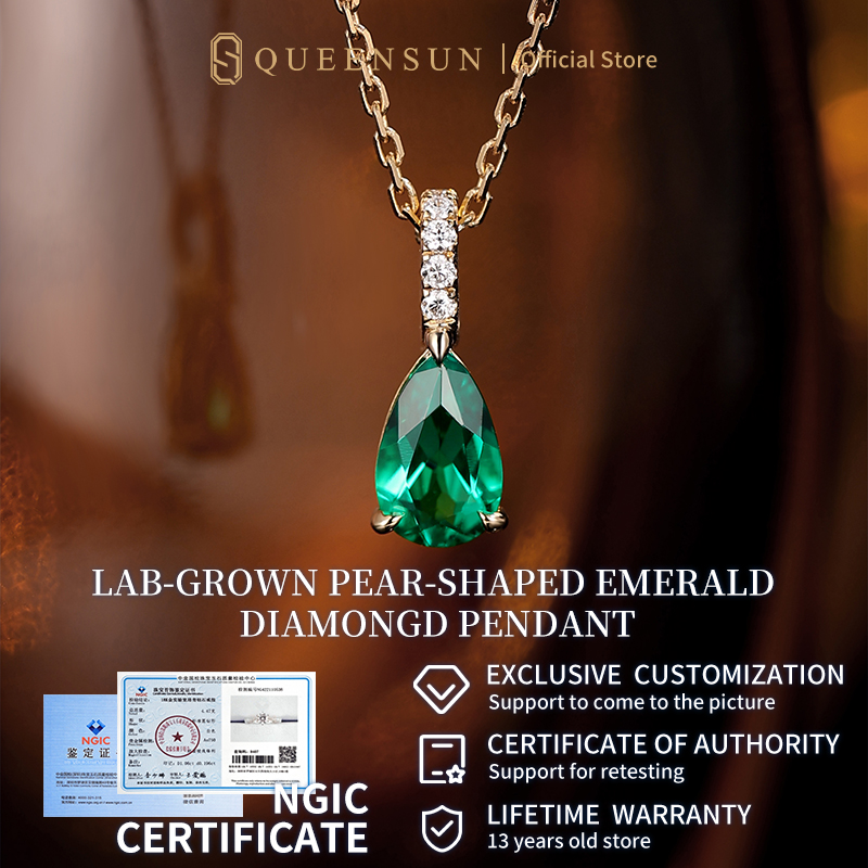 Queensun Custom neck 18K gold vintage emerald pendant, small water droplet gold, lab grown diamond universal buckle, vintage necklace18k金复古祖母绿吊坠项链 collarbone chain, women's necklace
