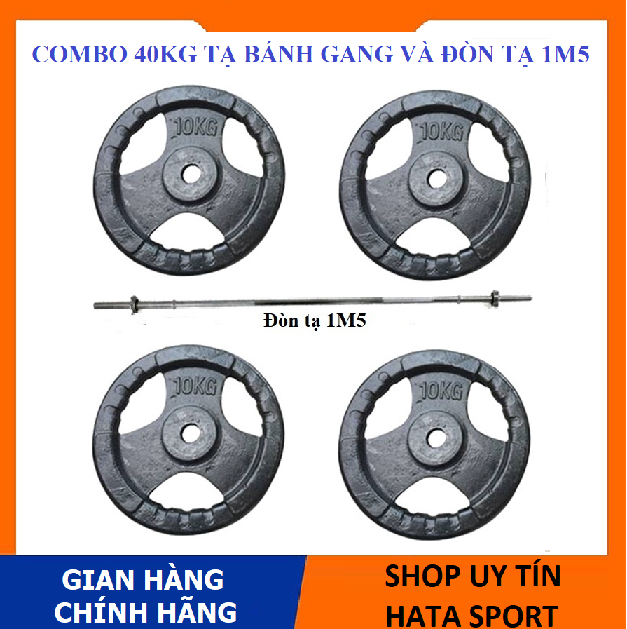 Bộ 40kg tạ bánh gang kèm đòn tạ 1m5 hata sport