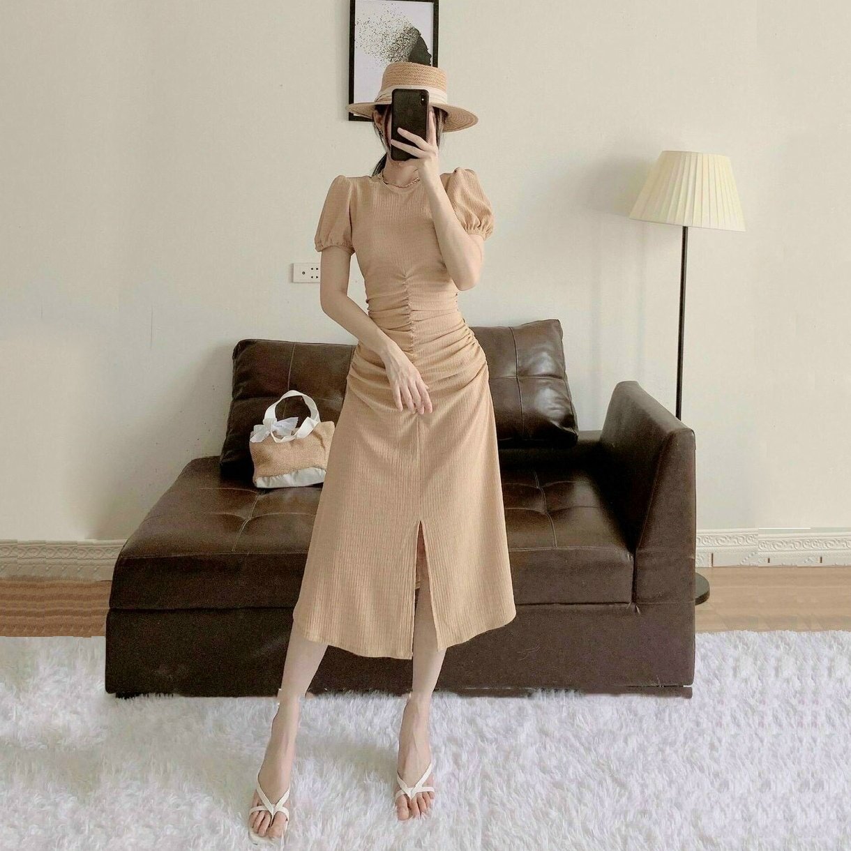 Đầm dự tiệc cổ tròn xẻ tà trước akara h065 phù hợp dạo phố dự tiệc size sml