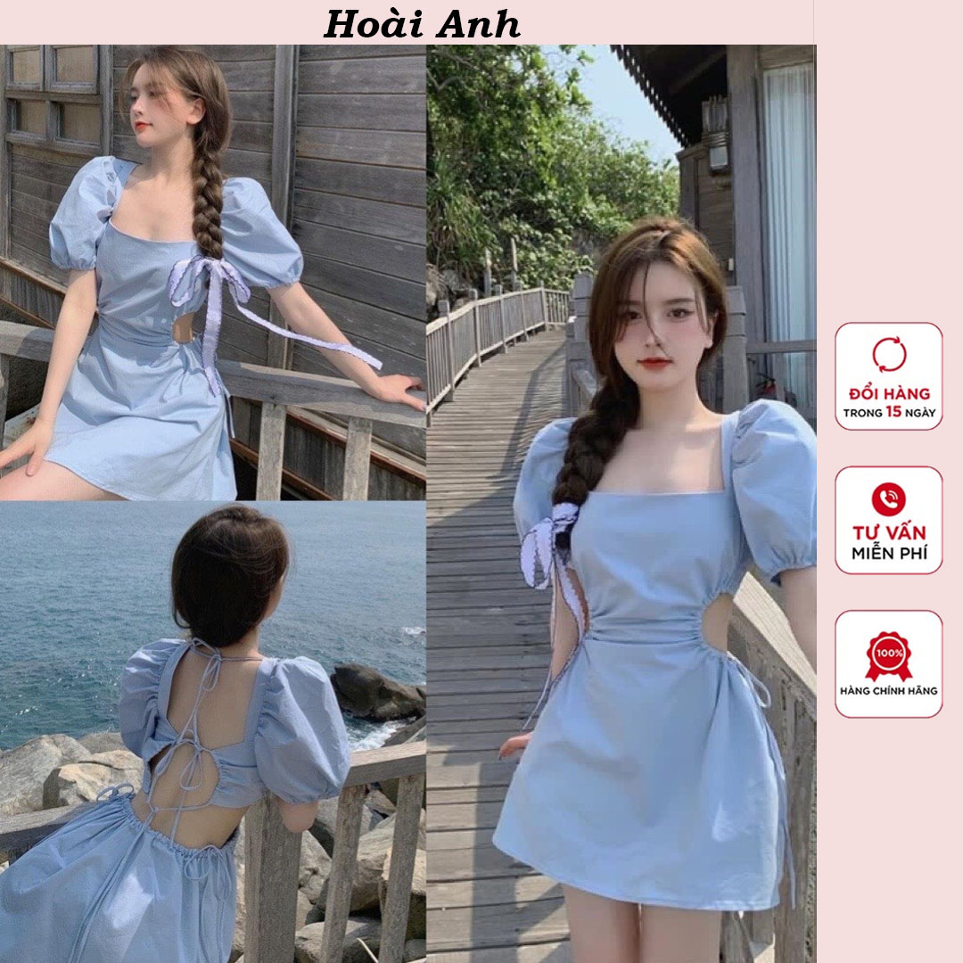 Váy hở lưng bộc dây hở eo đầm nữ cổ vuông tay bồng khoét eo chất thô tàu siêu xinh