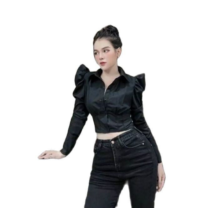 Áo sơ mi croptop tay dài, vải kate, form dưới 50kg NA#32