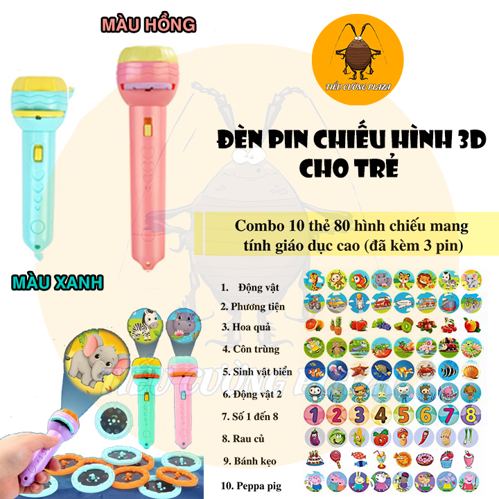 Đèn pin chiếu hình ảnh cho bé thoả thích khám phá đèn chiếu 80 hình 3D hoa quả, động vật, côn trùng, phương tiện, siêu nhân ngộ nghĩnh