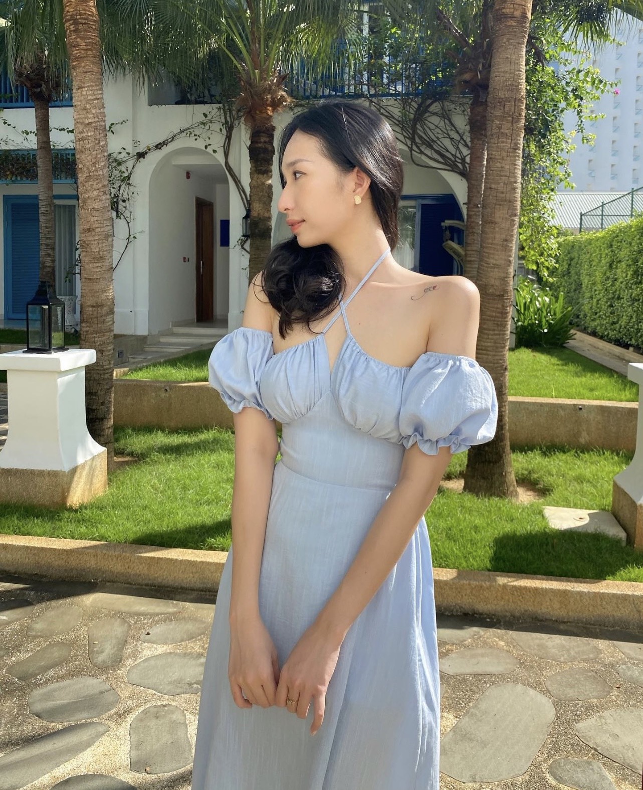 Đầm midi rớt vai dây rút ngực - Rossy Fashion