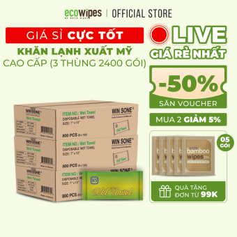 Combo 03 thùng 2400 gói khăn lạnh cao cấp khổ lớn EcoWipes 1 tờ không mùi dành cho lò bánh mì, dịch vụ ăn uống mang về