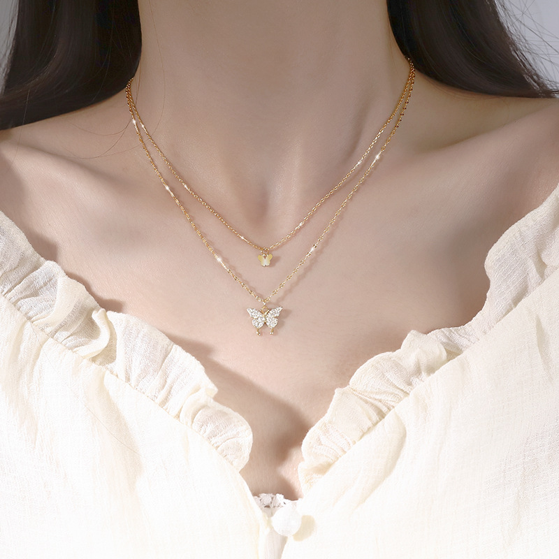 S925 Double Layer Clavicalis Chain Butterfly Pendant