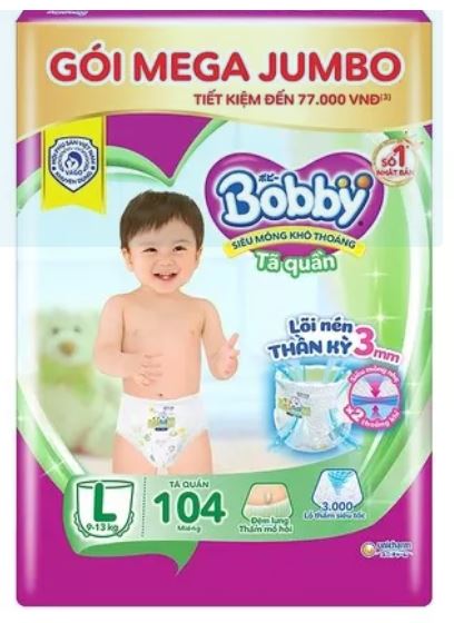 Tã/bỉm quần bobby siêu thấm khô thoáng mega jumbo xxl84, xl92, l104, m120_lõi nén thần kì 3mm