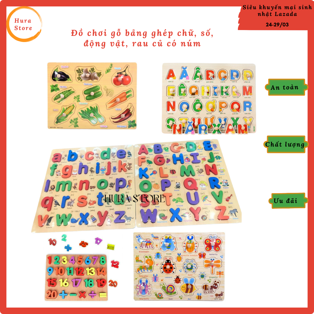 Đồ chơi bảng núm gỗ chữ số bảng ghép gỗ xếp hình kích thước 22x30cm nhiều chủ đề như củ quả, phương tiện, côn trùng cho bé sáng tạo phát triển trí thông minh - Hura Kidd