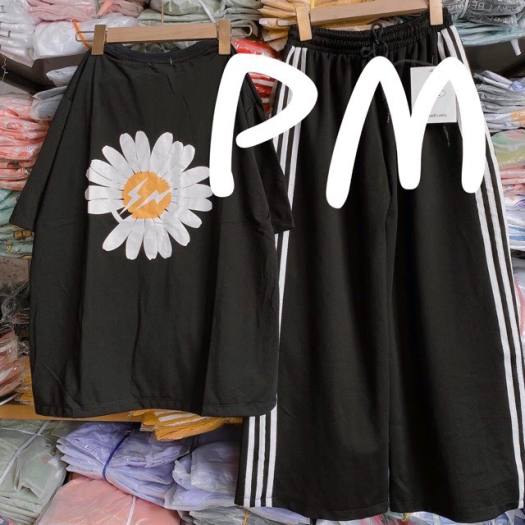 Sét áo hoa cúc tia sét + quần ba sọc ống rộng