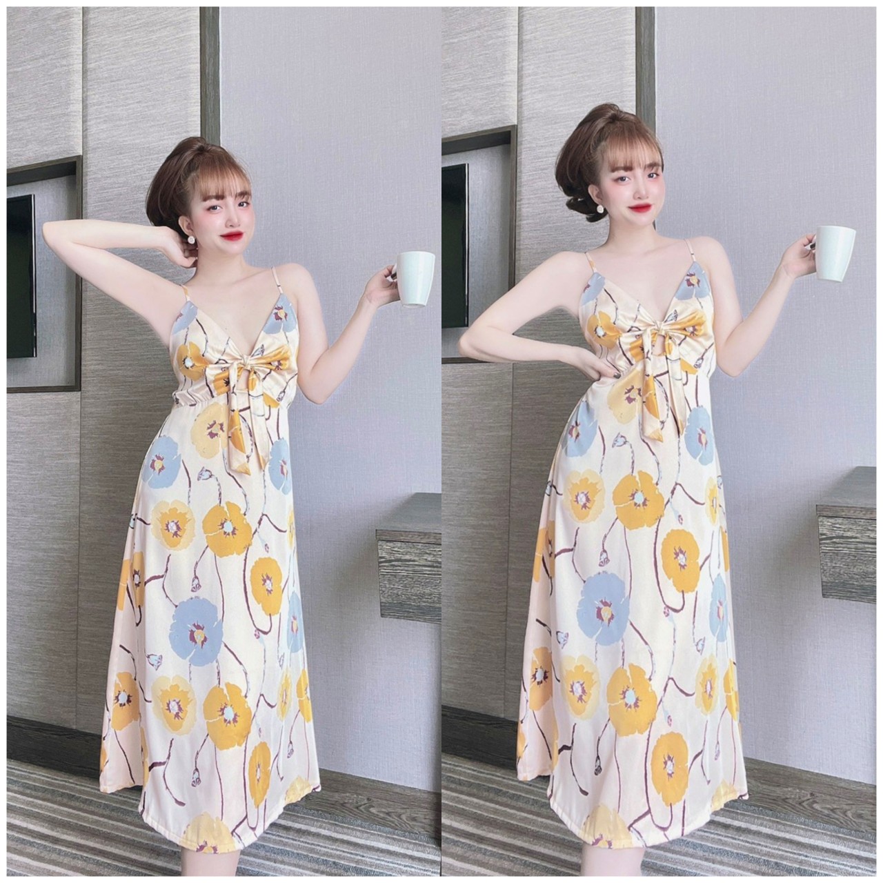 Đầm maxi 2 dây thắt nơ lụa latin mềm mát, váy maxi hè 2 dây