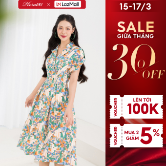 Đầm xòe họa tiết cổ bẻ HeraDG thiết kế 2 lớp tay ngắn liền chất liệu lụa mềm mại SDPBC3104