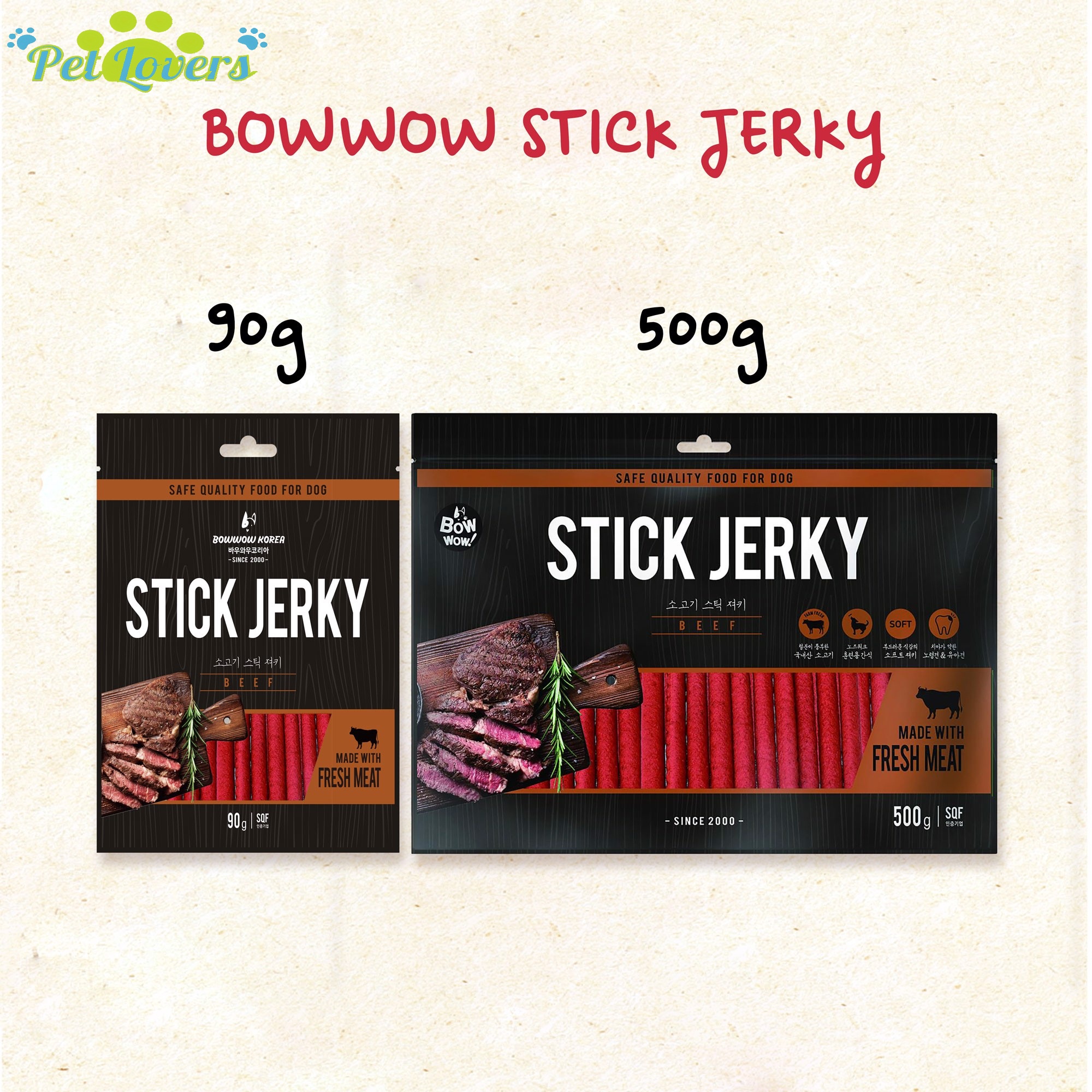 Bowwow - Thức ăn vặt bổ sung dinh dưỡng cho chó vị thịt cừu que và thịt bò que 90g và 500g