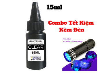 Combo Keo UV Kèm Đèn Uv Bysun Clear Trong Suốt Dán Kính, Dán Inox, Dán Mica BB010 15ml