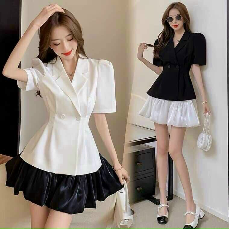 Set bộ áo cổ vest cài nút kèm chân váy xòe xếp ly siêu hot