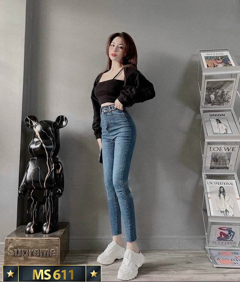 Quần jean nữ lưng cao màu xanh trơn 2 nút chất jean co giãn cao cấp thời trang JENNY - TCSQJNJN611