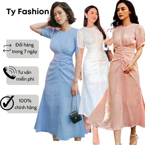 Đầm dự tiệc cổ tròn eo nhún ty fashion che khuyết điểm vòng eo sml