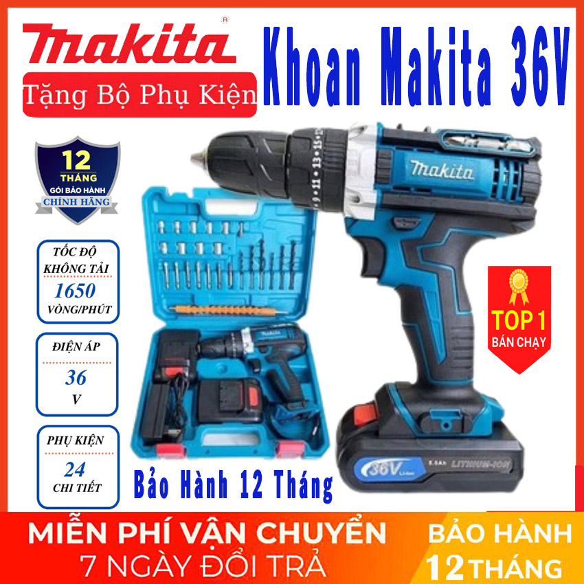 Máy Khoan Pin Cầm Tay Makita 36V - Khoan Không Dây Makita Tặng Bộ 24 Phụ Kiện - Máy Khoan Pin Bắn Vít