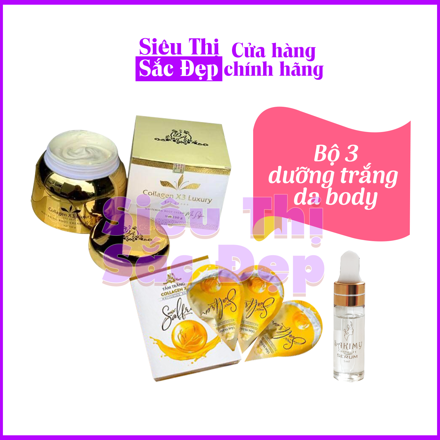 Combo Kem body collagen x3 luxury, tắm trắng collagen x3 mix saffron và Serum kích trắng Sakimy (Chính hãng)