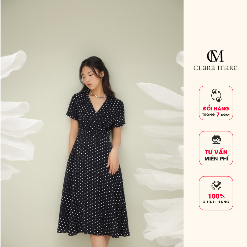 Đầm chấm bi dáng xoè, cổ đức, chất liệu mango lụa mềm mịn, nhẹ mát Clara Mare Polka dot Wraparound Dress DRE4002