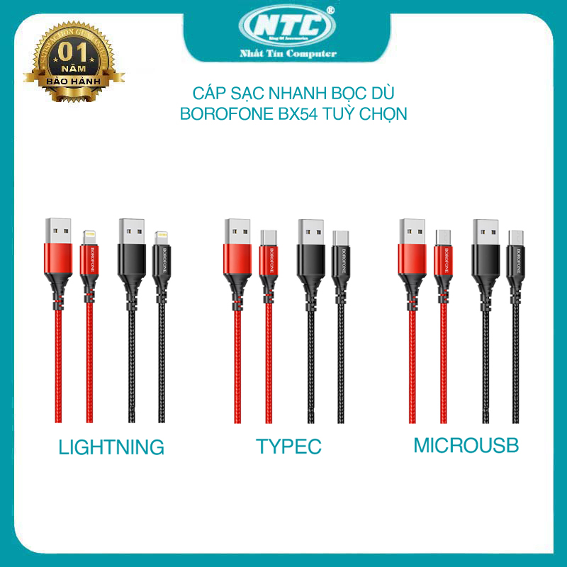 Cáp sạc nhanh BOROFONE BX54 tuỳ chọn 3 cổng sạc typeC lightning microUSB