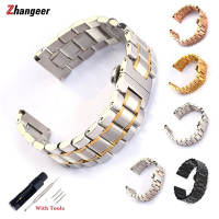 Zhangeer Flat Elbow Universal Stainless Steel Strap 22mm 12 14 16 18 20 22mm 24mm With Double Press Butterfly Clasp waterproof Men Women Wrist Watch band +Free Elbows +Tools