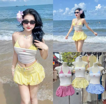 SET BIKINI ĐI BIỂN 3 MÓN ÁO QUÂY BRA PHỐI QUẦN ĐÙI BÍ XẾP LI KẺ CARO SIÊU XINH MẪU MỚI TP