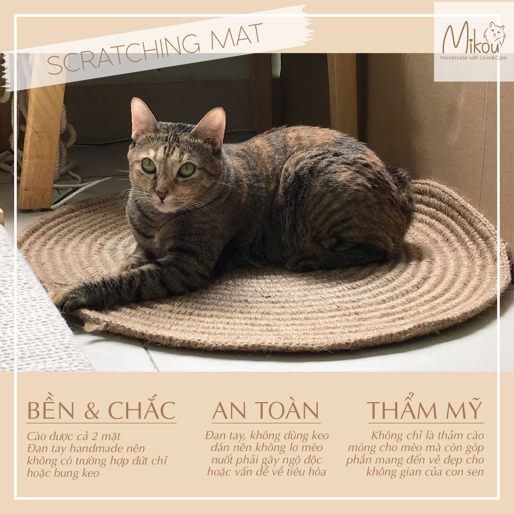 Thảm cào móng cho mèo, đan tay bằng dây đay chắc chắn, mikou