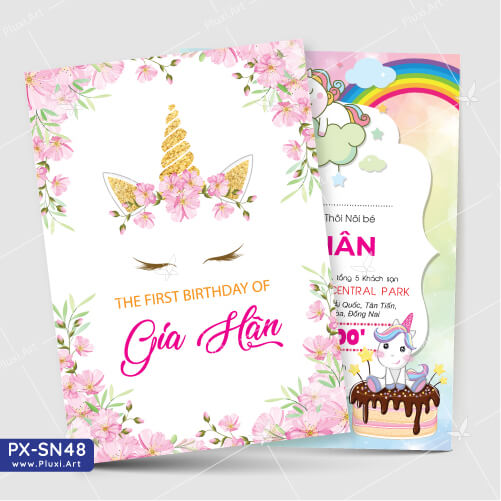[HCM][4200đ/thiệp] Thiệp thôi nôi – sinh nhật bé gái chủ đề Ngựa Một Sừng Unicorn| In Tên |Thiệp Pluxi PX-SN048